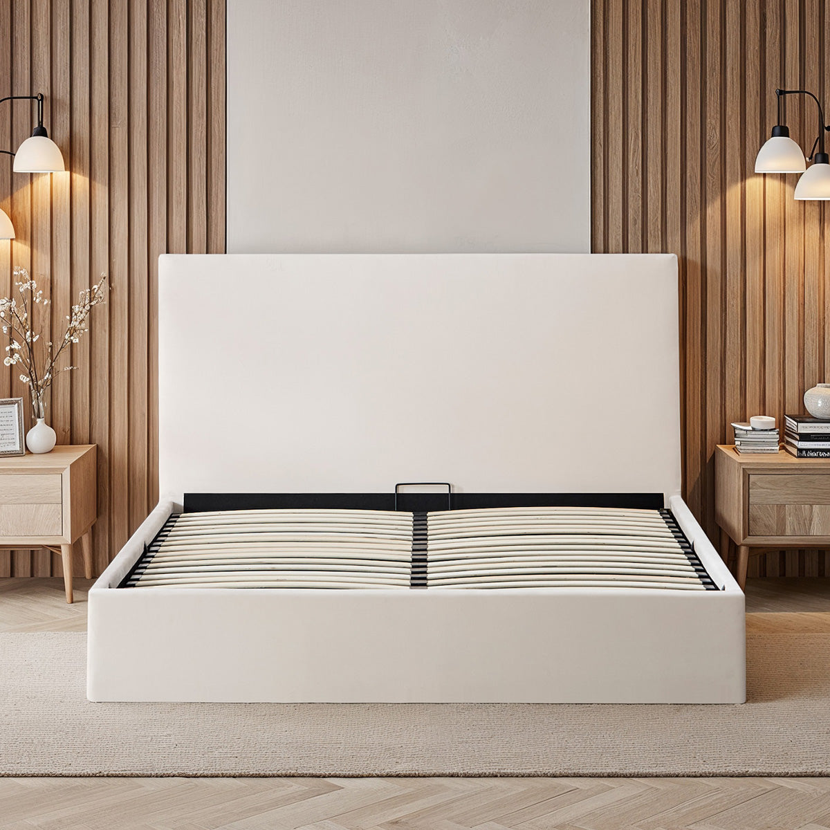 Lit coffre velours beige Nemesis avec tête de lit 140x190 cm