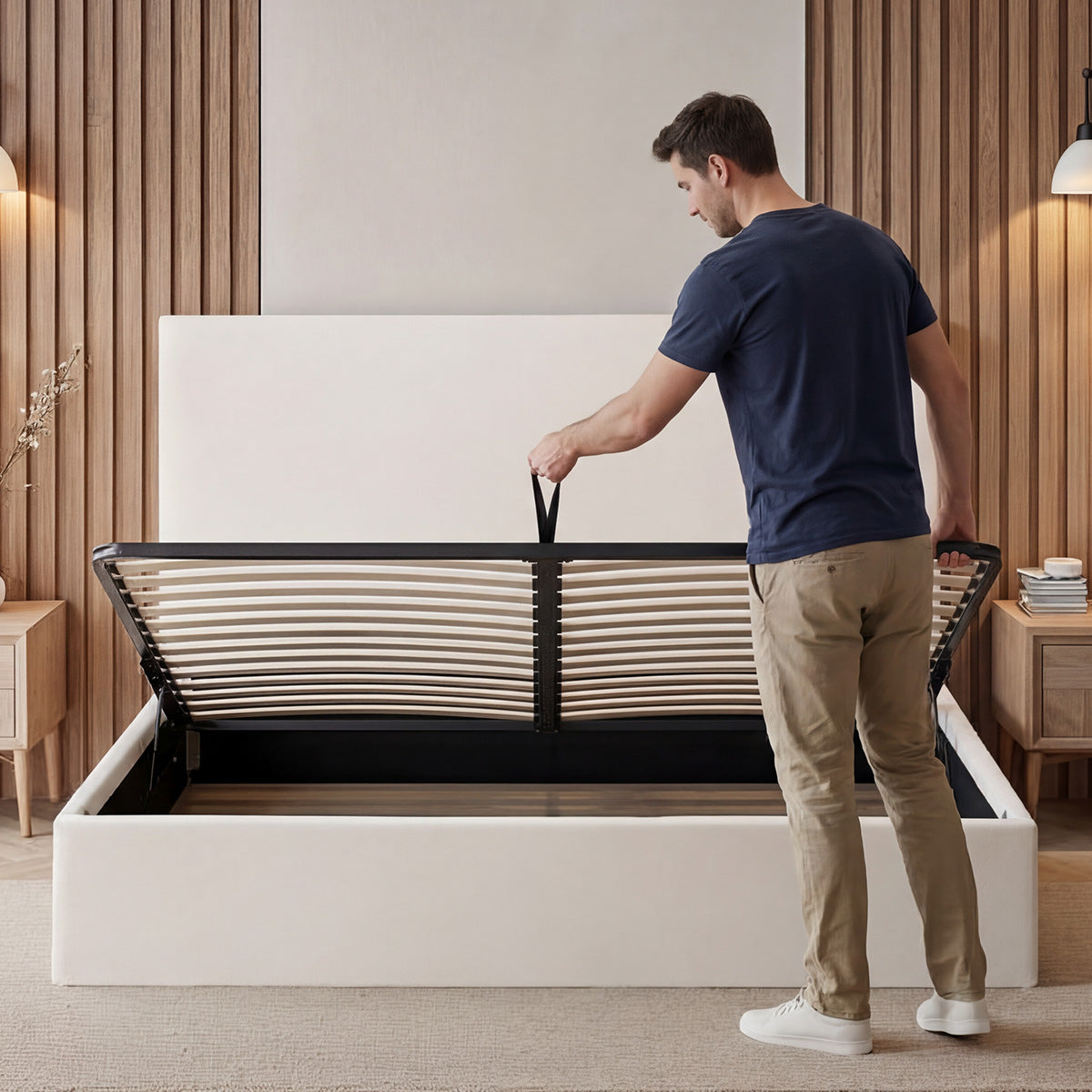 Lit coffre velours beige Nemesis avec tête de lit 140x190 cm