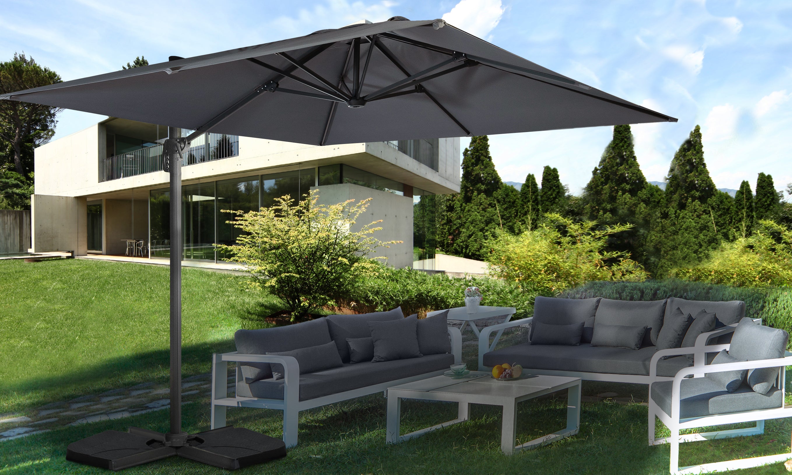 Parasol 360° carré gris 3m avec housse