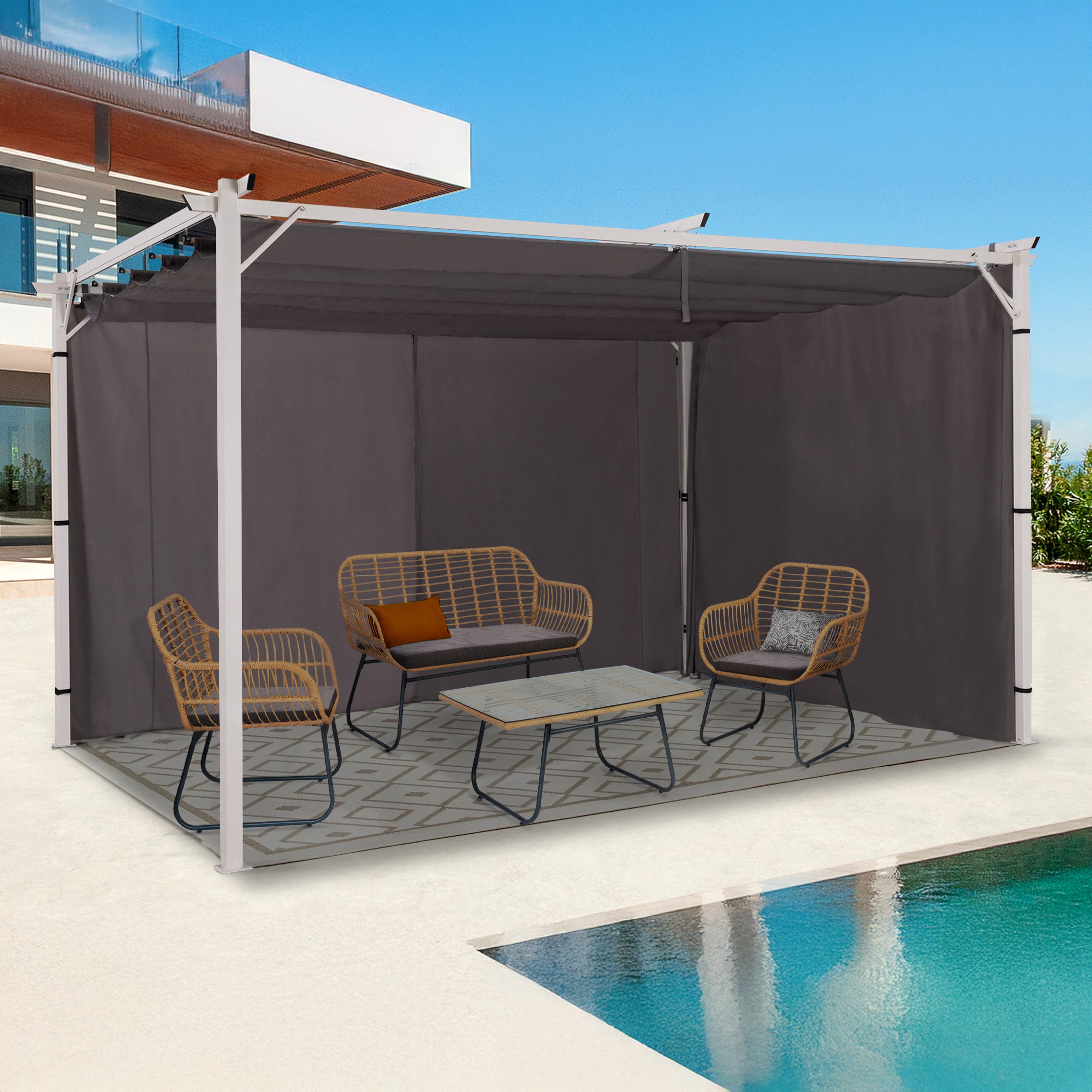 Rideaux universels pour pergola gris avec tringle 4m - lot de 2