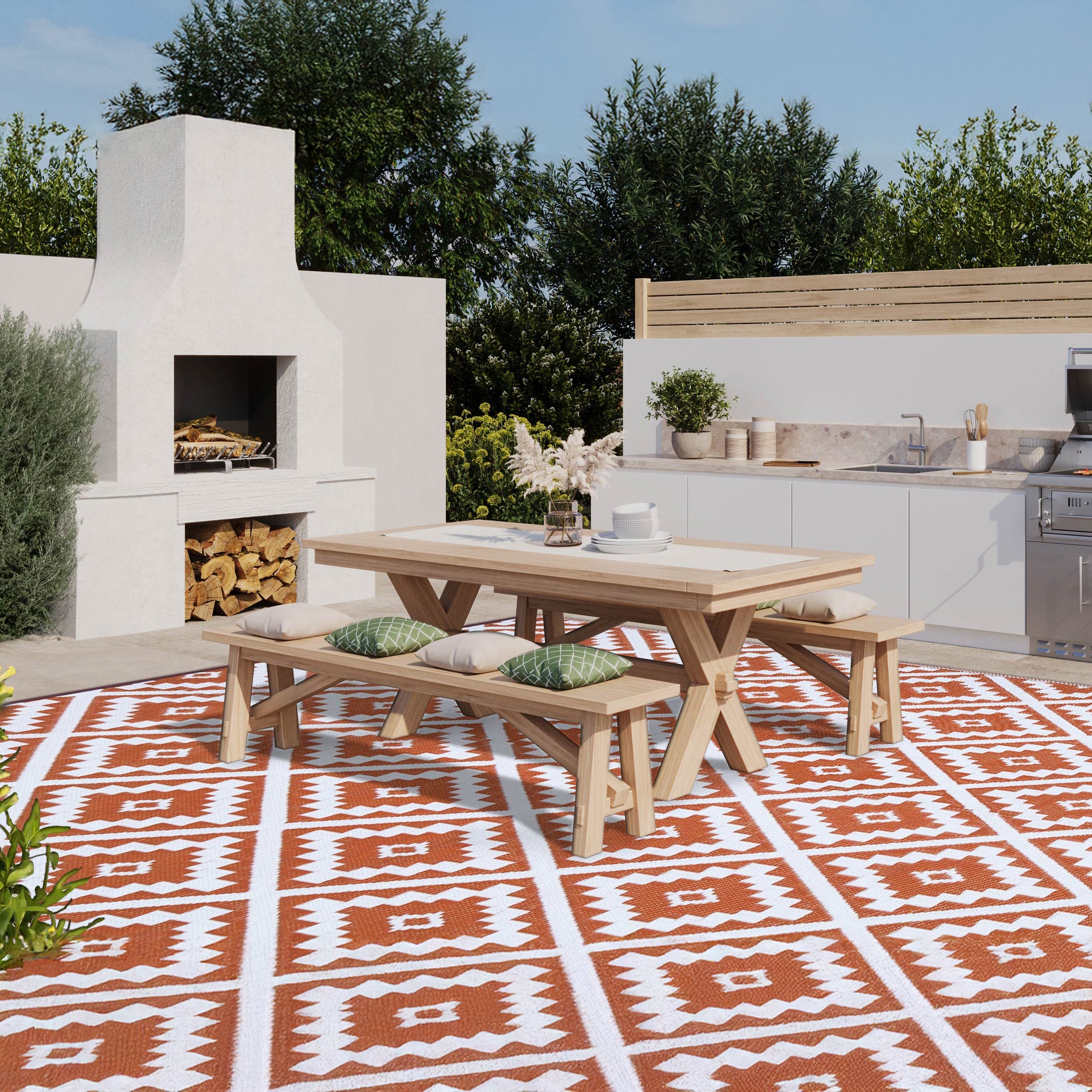 Tapis extérieur rectangulaire Vahiné motifs losanges terracotta 270x470cm