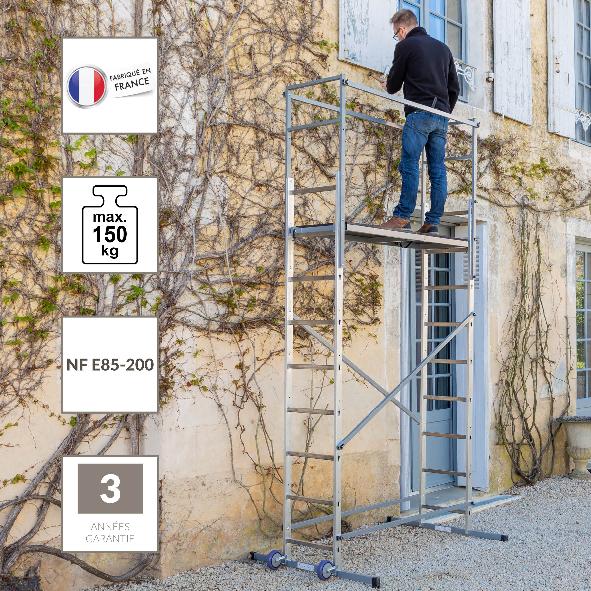 Echafaudage H5 en aluminium rattrapage de niveau 2 roues 3,35 m