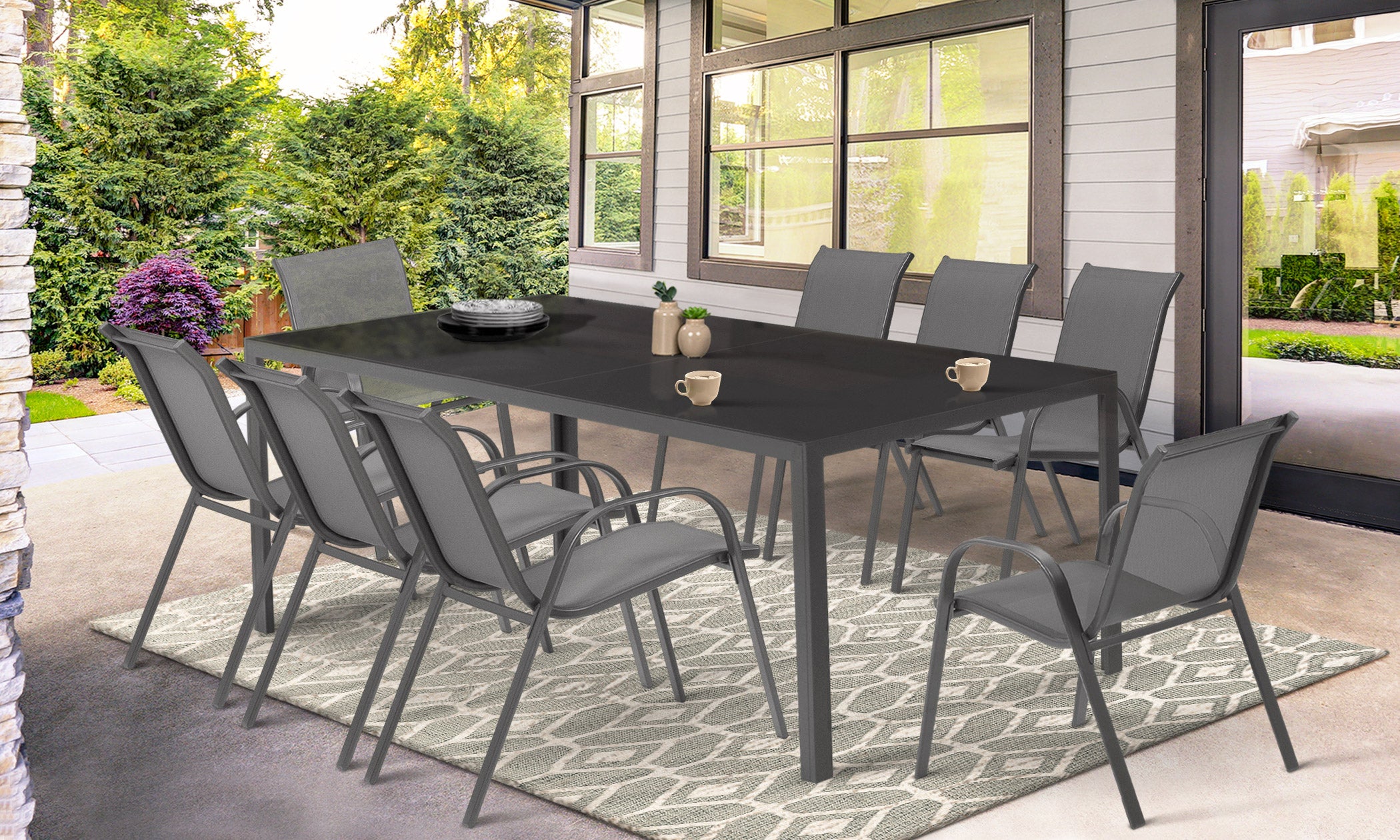 Ensemble de jardin Minorca 8 places en textiléne et verre trempé gris anthracite
