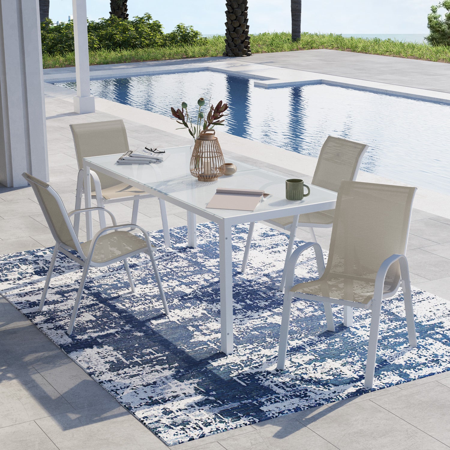 Chaises de jardin empilables en textilène blanches et beiges - lot de 4