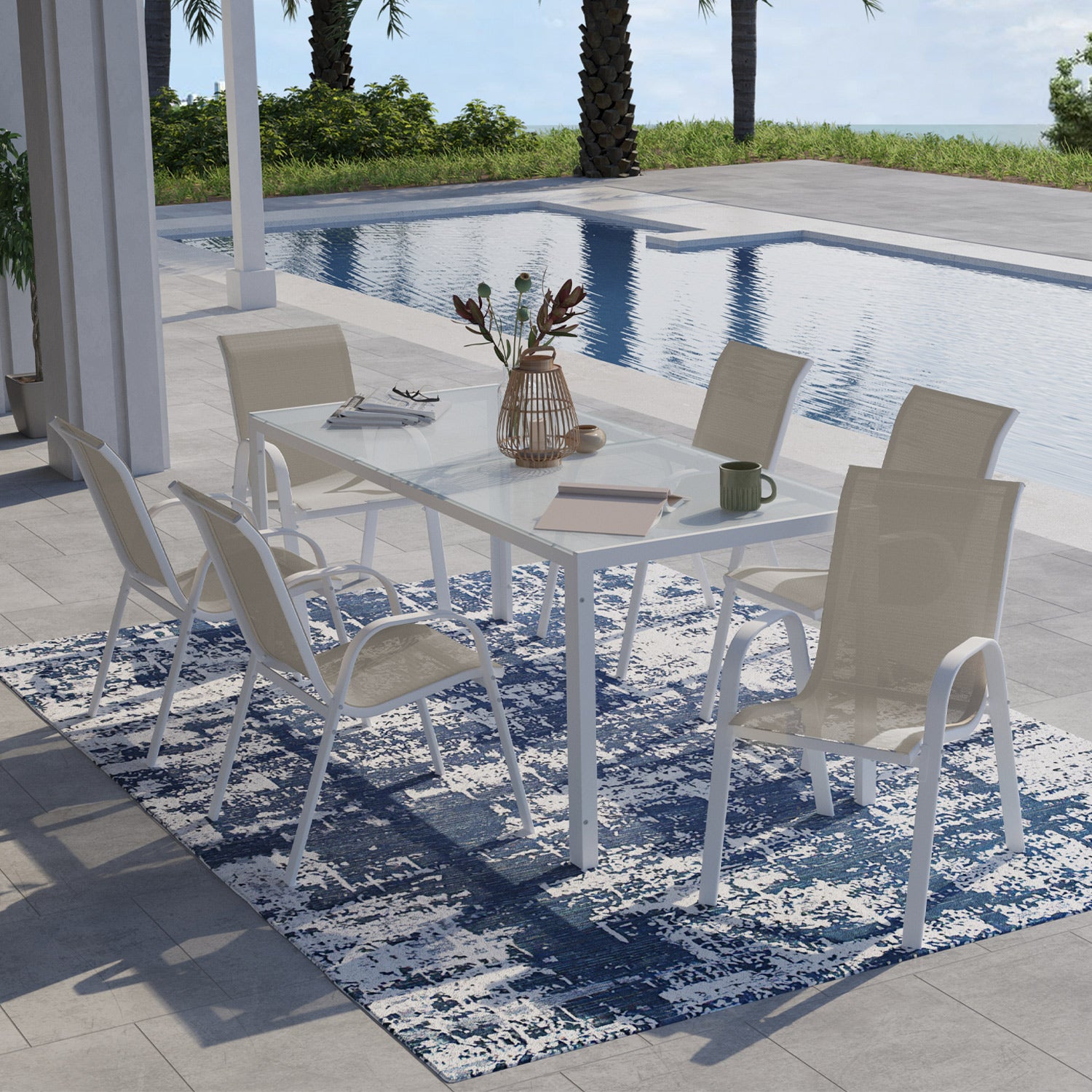Chaises de jardin empilables en textilène blanches et beiges - lot de 6
