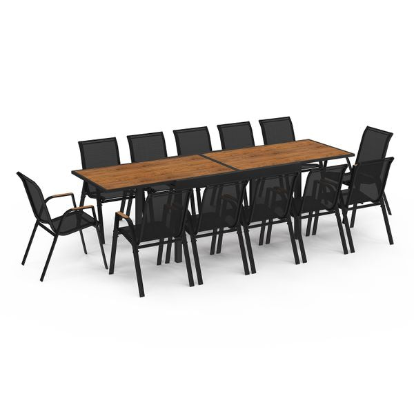 Ensemble repas extensible Timbia 12 places noir et verre trempé effet bois