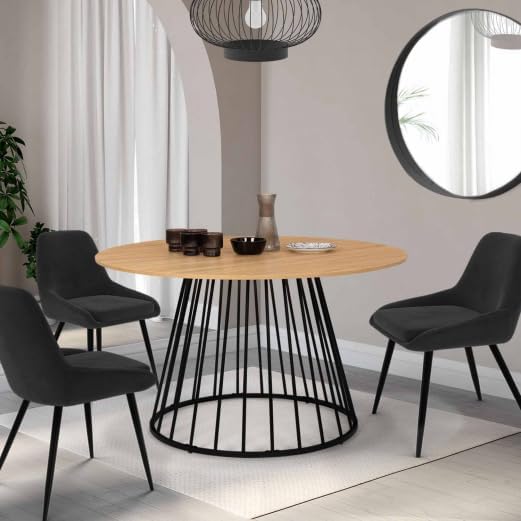 Table repas Adelle plateau rond bois 110cm et pieds filaire noir