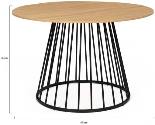 Table repas Adelle plateau rond bois 110cm et pieds filaire noir