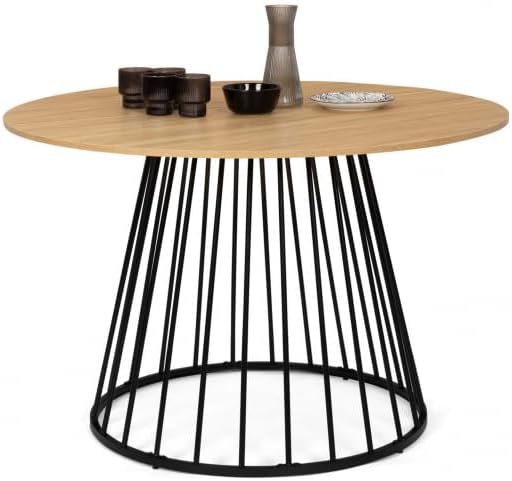 Table repas Adelle plateau rond bois 110cm et pieds filaire noir
