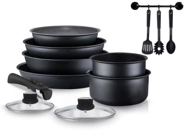 Batterie de Cuisine 12 Pièces Arthur Martin Poêles et Casseroles Aluminium avec Accessoires, Tous Feux Dont Induction