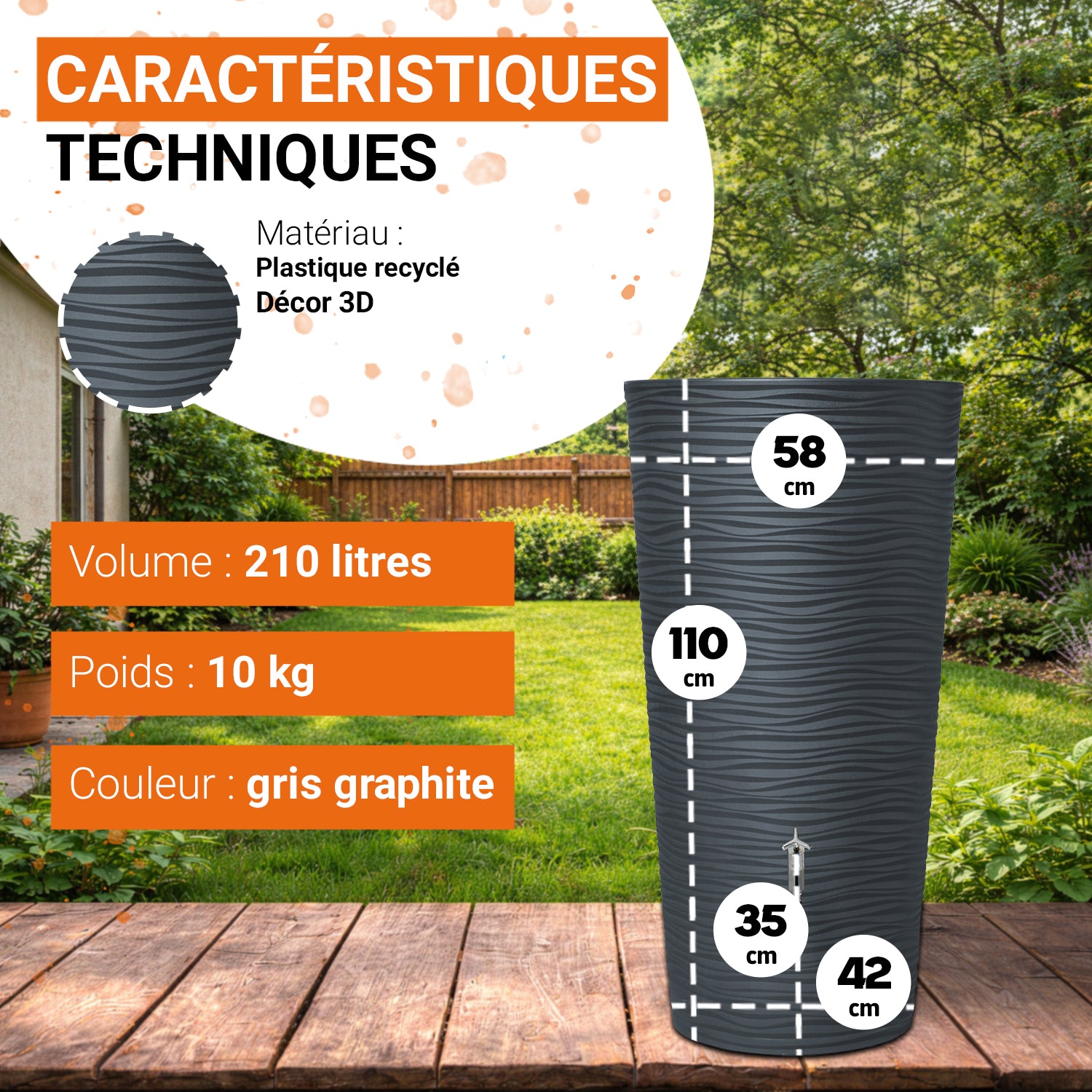 Natura Réservoir 210 L, graphite avec bac à plantes