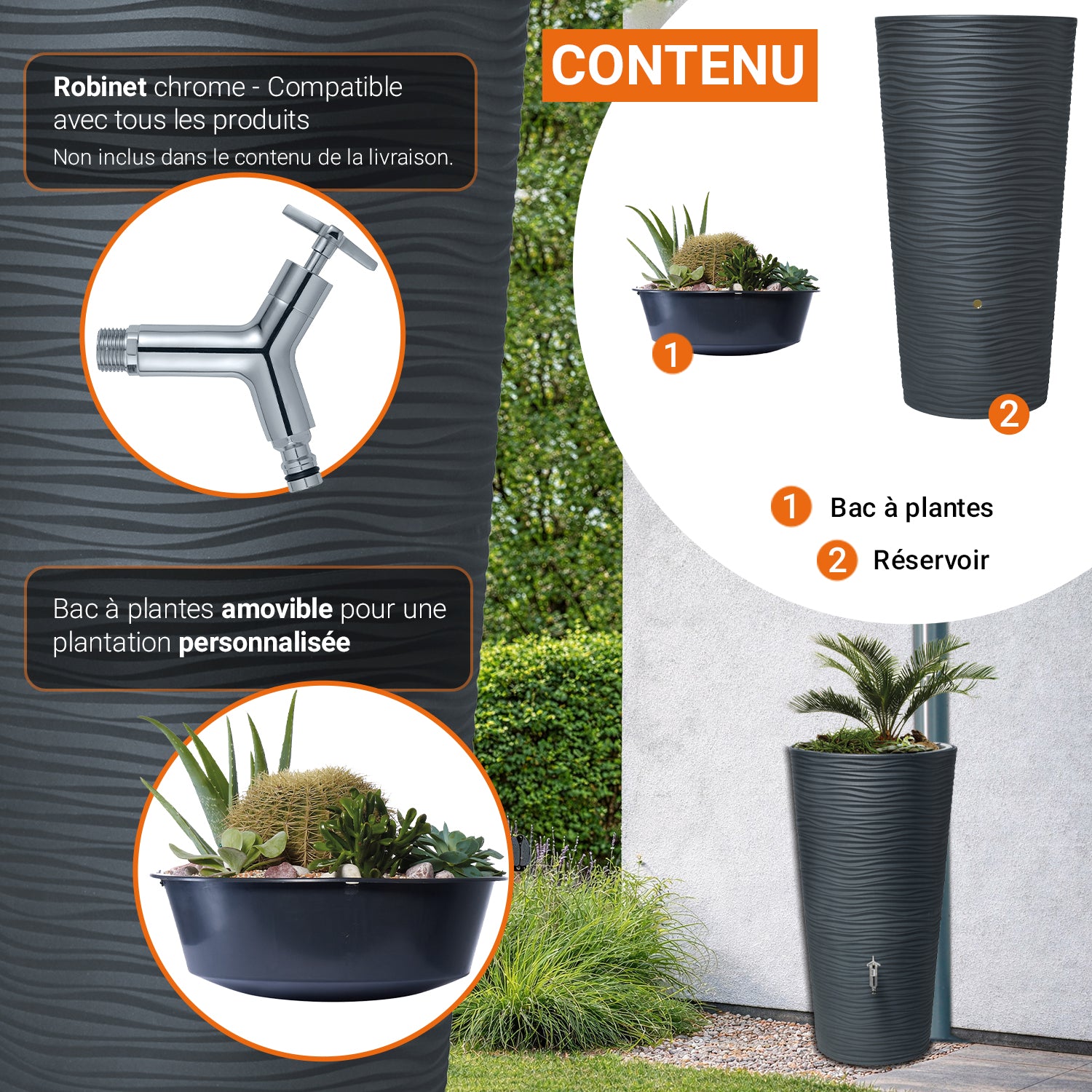 Natura Réservoir 210 L, graphite avec bac à plantes
