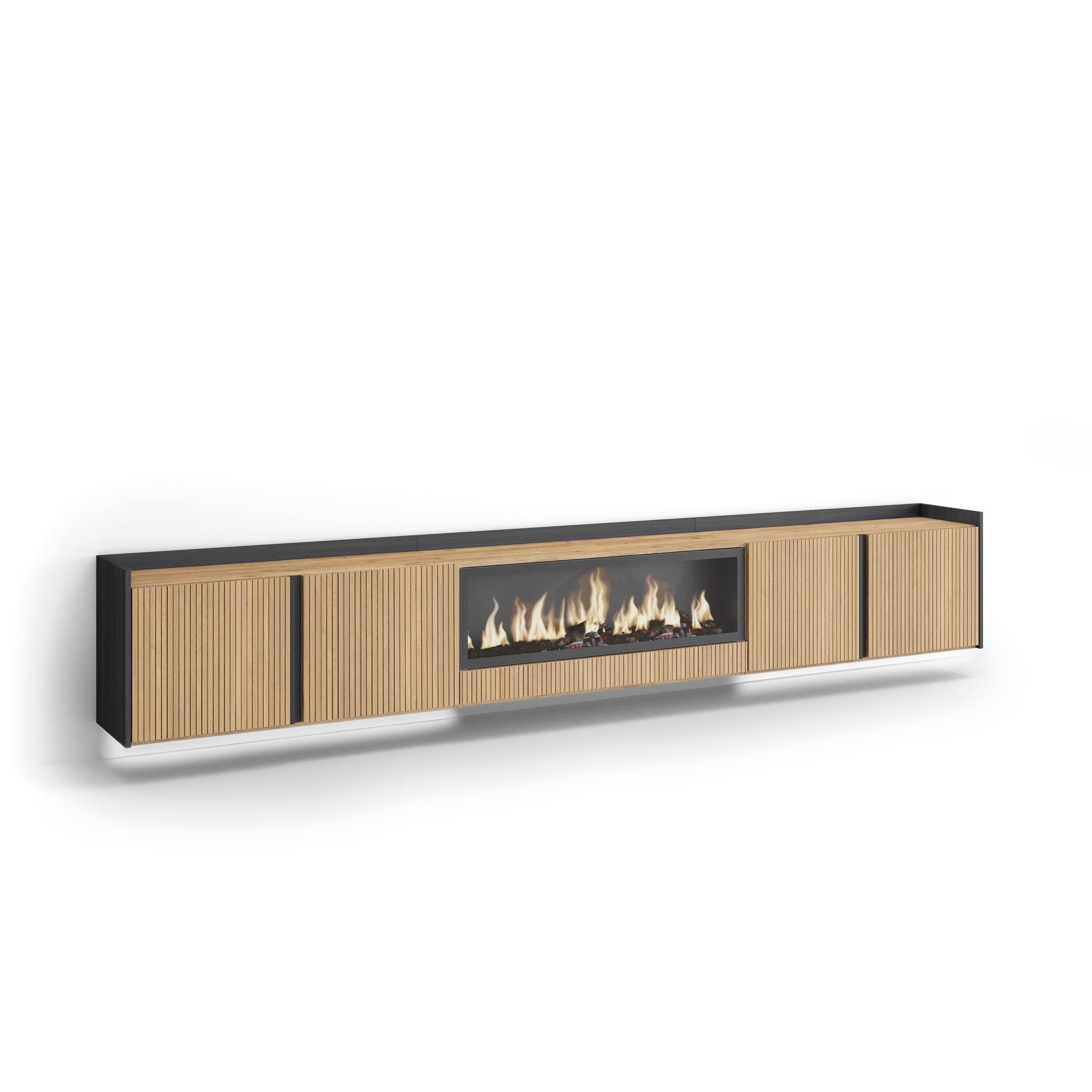 Meuble TV Suspendu Led 315x50x35 cm Pour les TV jusqu'à 80" Cheminée électrique au centre XXL Mural Chêne et noir
