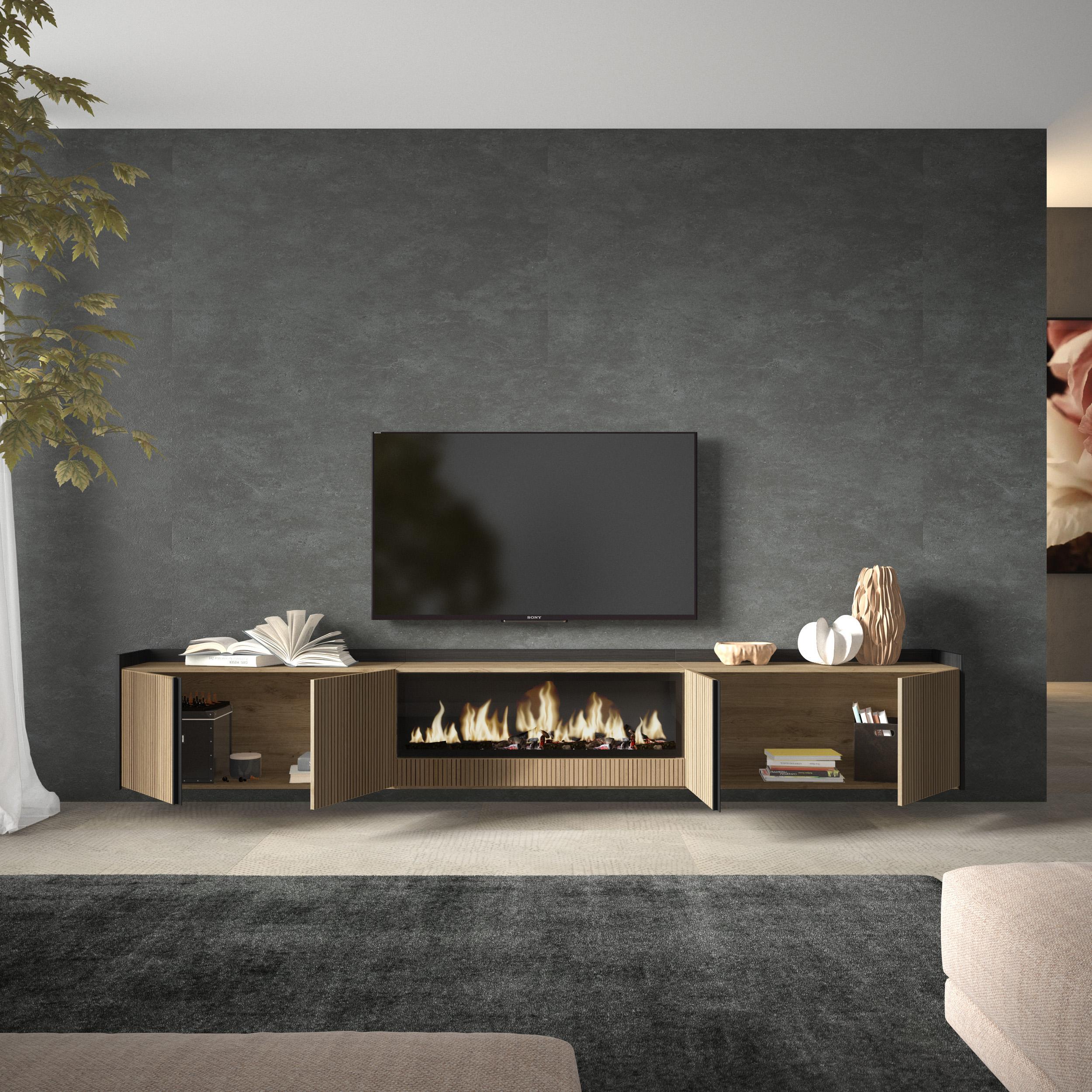 Meuble TV Suspendu 315x50x35 cm Pour les TV jusqu'à 80" Cheminée électrique au centre XXL Mural Chêne et noir