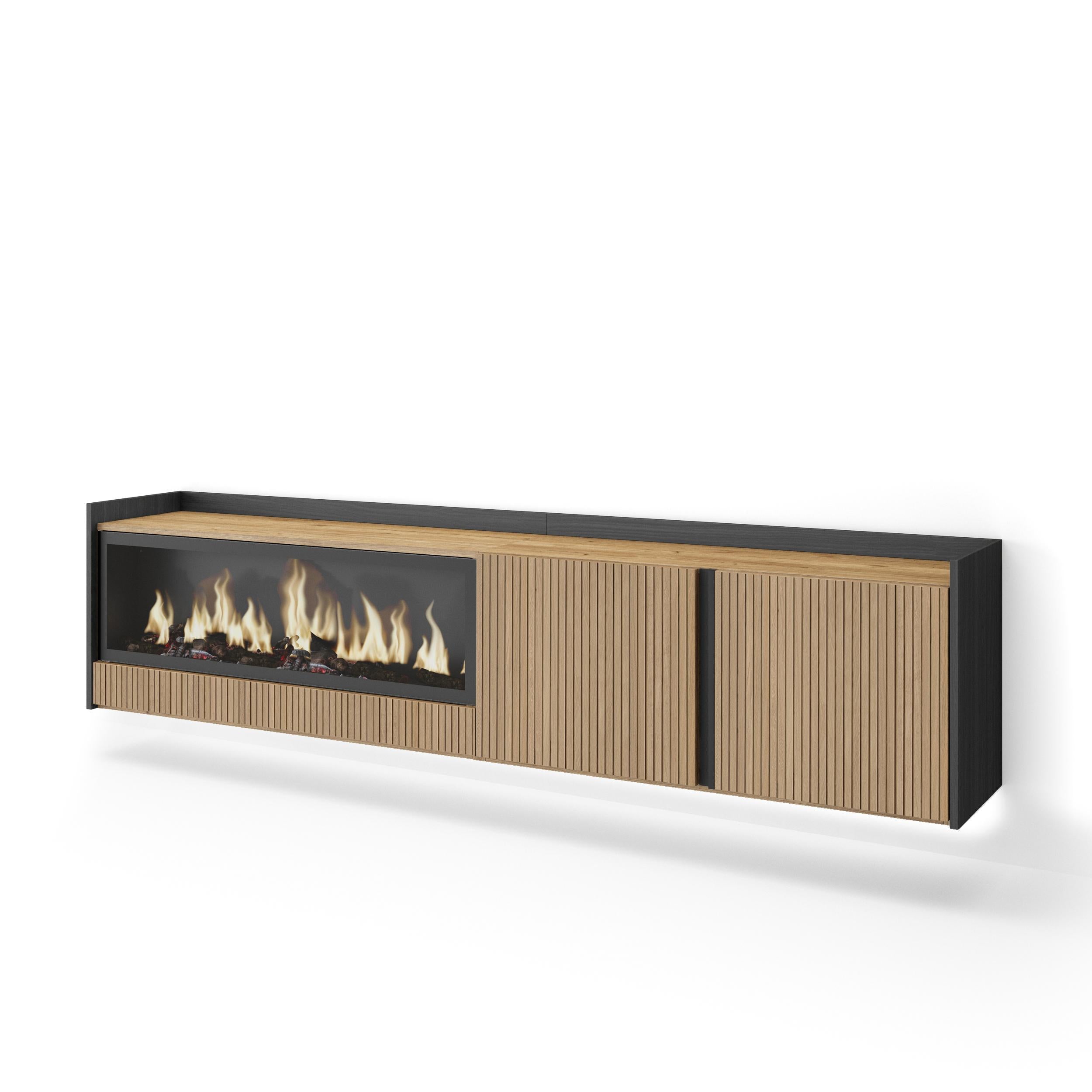 Meuble TV Suspendu Led 212x50x35 cm Pour les TV jusqu'à 80" Cheminée électrique à gauche XXL Mural Chêne et noir