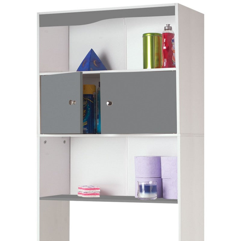 Meuble spécial dessus de WC avec placard double battant gris et étagères