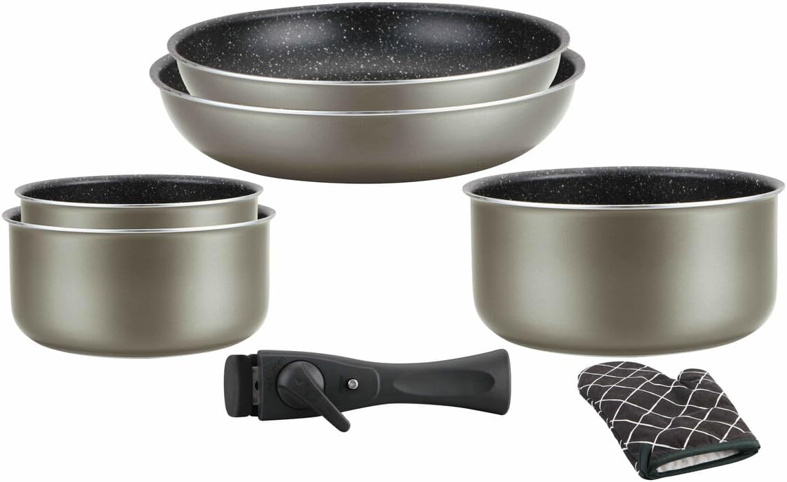 Batterie de cuisine revêtement pierre avec manche amovible 7 pièces Carbone