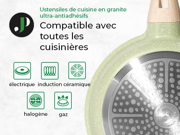 Batterie de cuisine 15 pièces antiadhésives en Granit vert - Tous feux dont induction