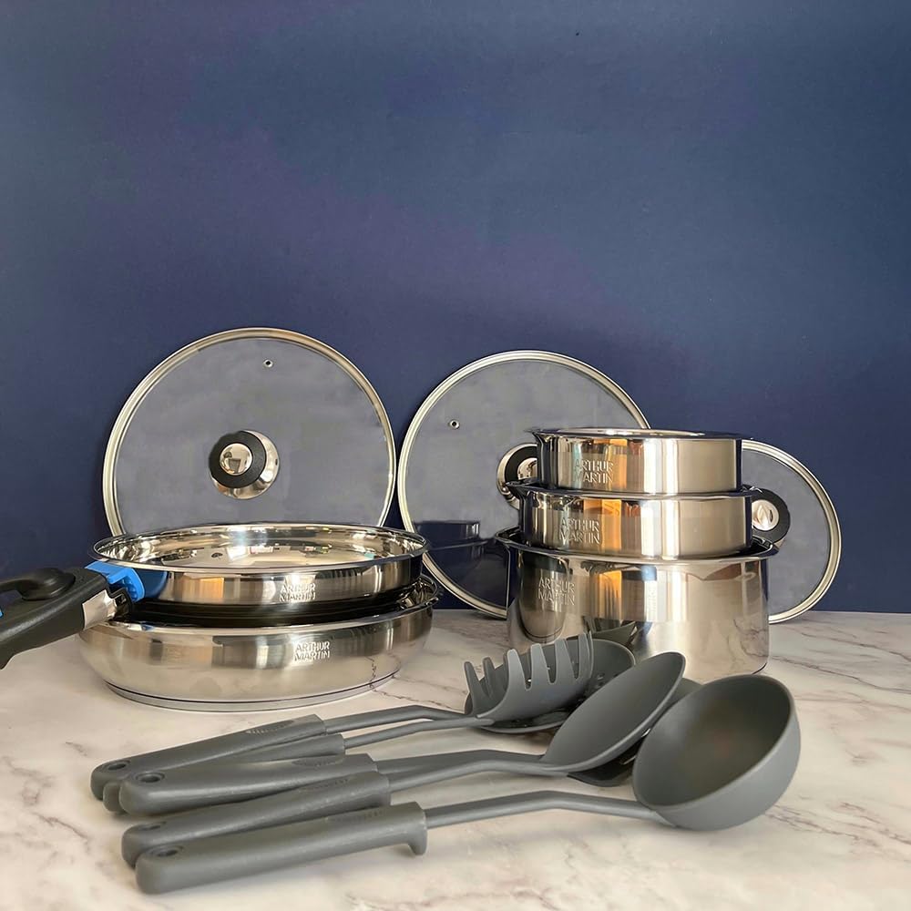 Batterie de Cuisine 15 Pièces Arthur Martin en Acier Inoxydable - Compatible Tous Feux dont Induction