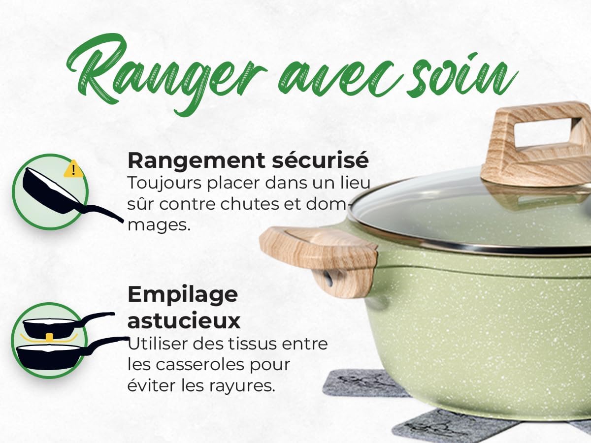 Batterie de cuisine 15 pièces antiadhésives en Granit vert - Tous feux dont induction
