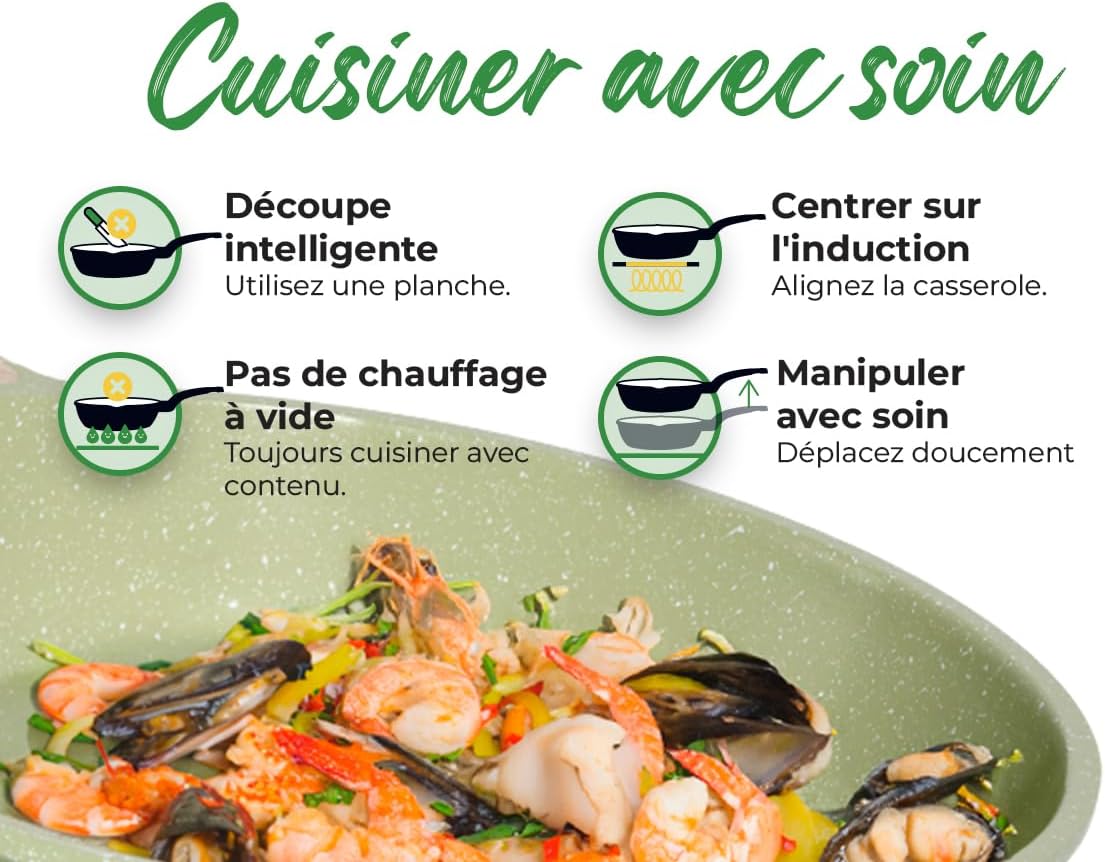 Batterie de cuisine 15 pièces antiadhésives en Granit vert - Tous feux dont induction