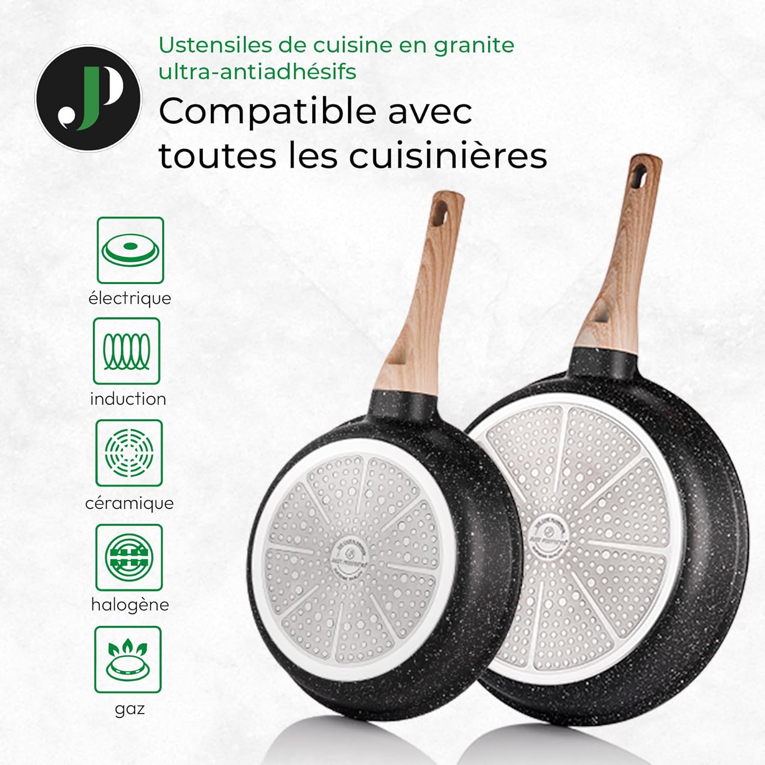 Batterie de cuisine 15 pièces antiadhésives en Granit Noir - Tous feux dont induction