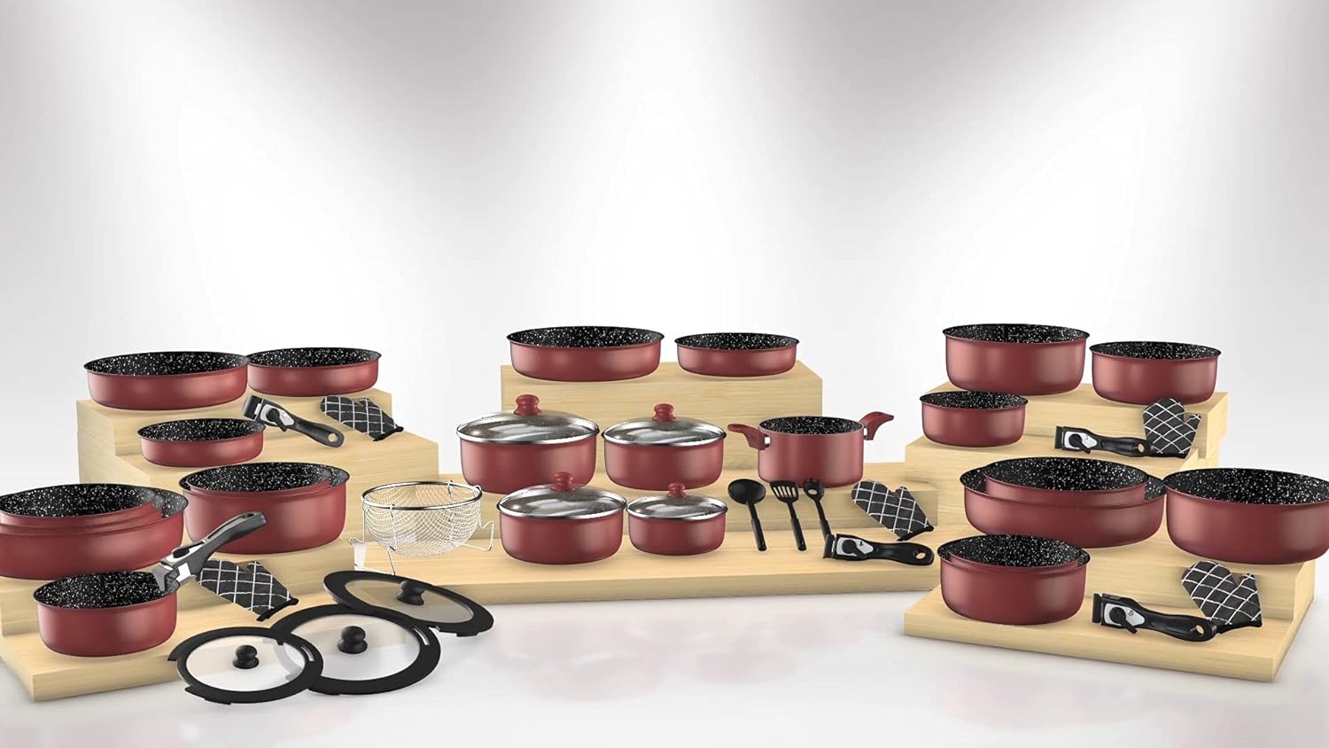 Batterie de cuisine revêtement pierre avec manche amovible 7 pièces Bordeaux