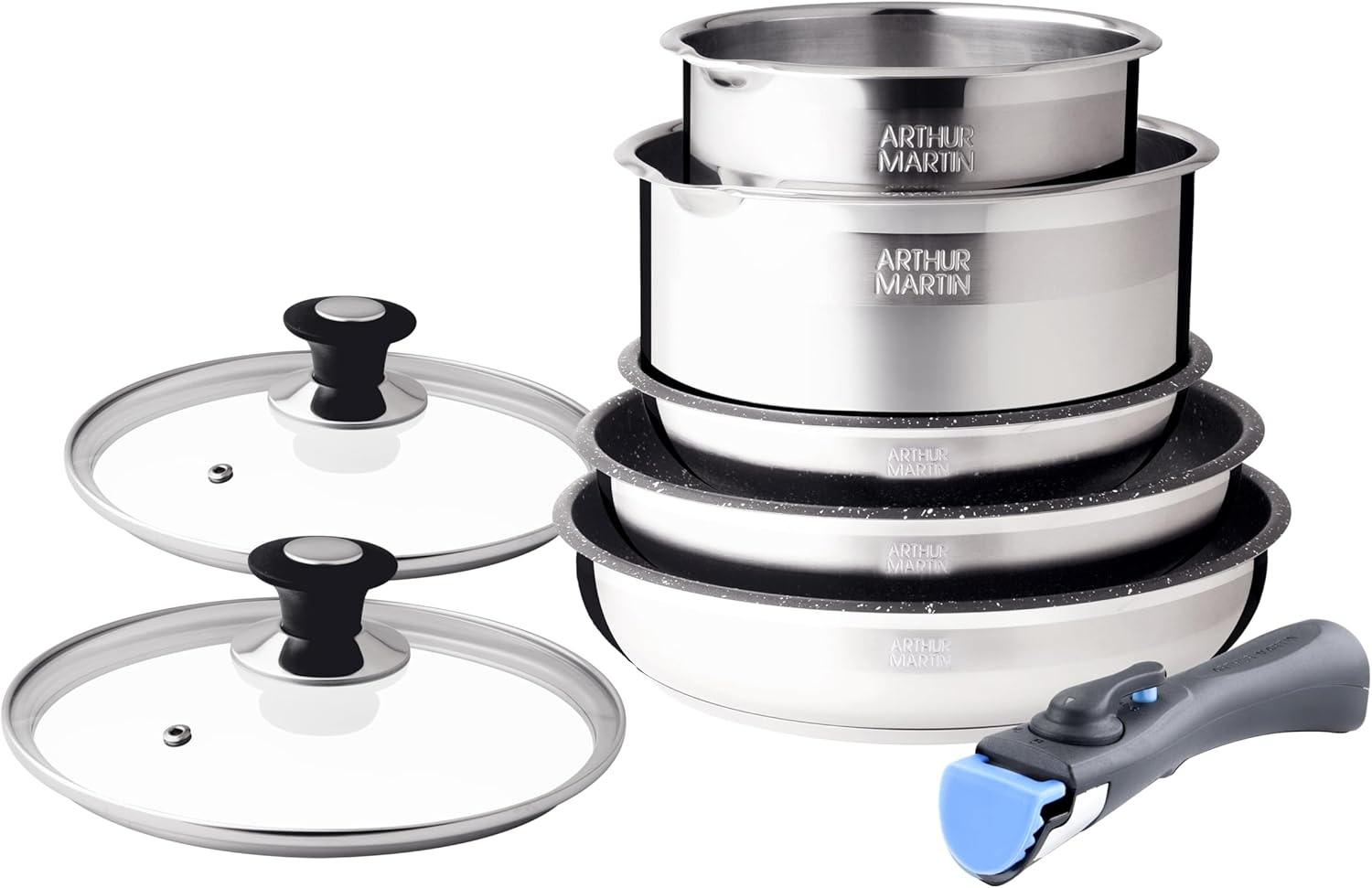 Batterie de Cuisine 8 Pièces Arthur Martin Poêles et Casseroles en Inox avec Accessoires, Tous Feux Dont Induction