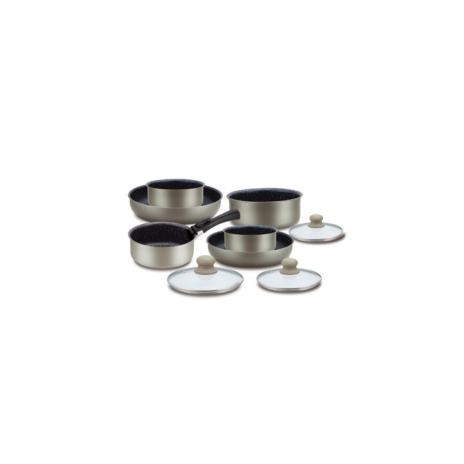 Batterie de cuisine revêtement pierre avec manche amovible 10 pièces Herzberg - Carbone