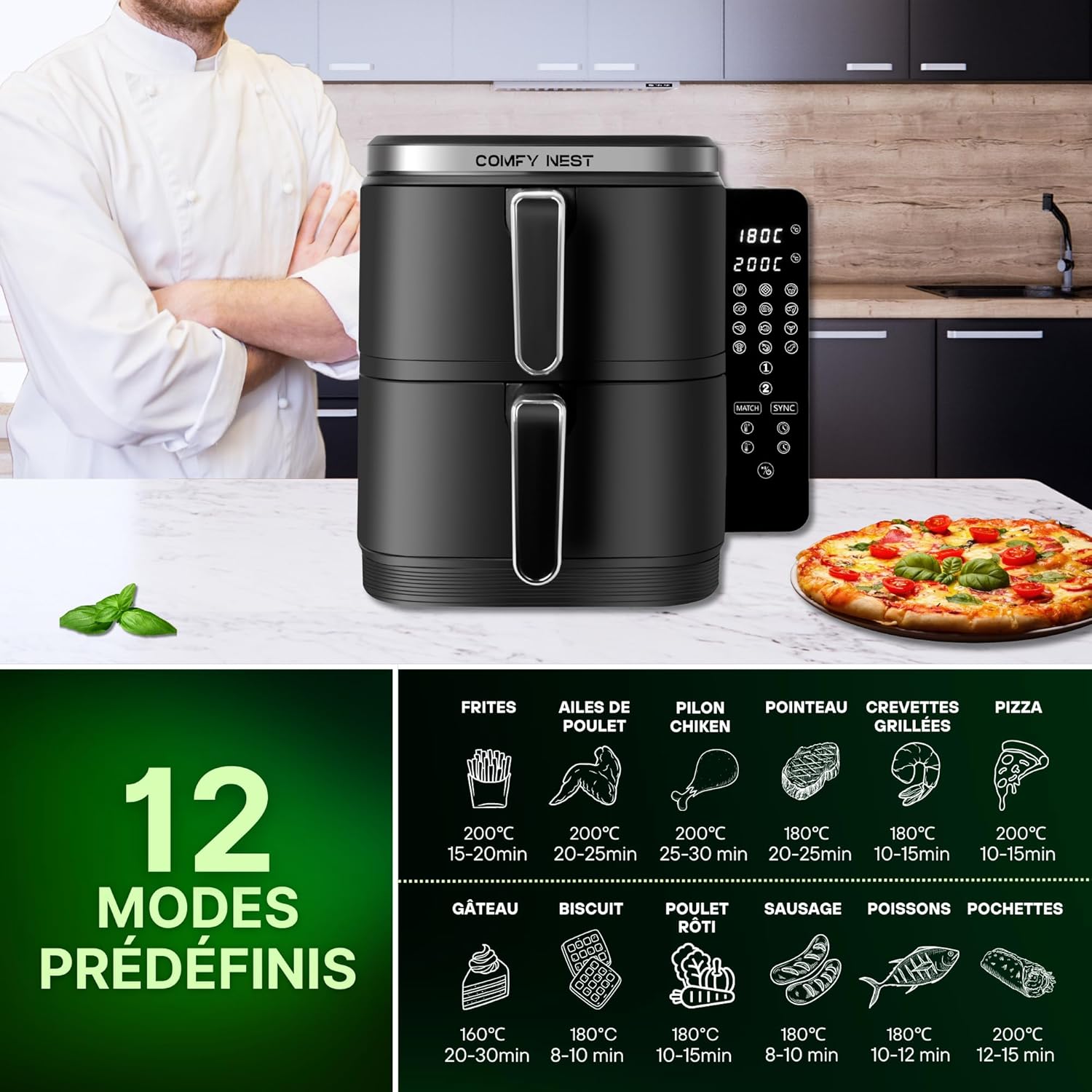 Friteuse à air chaud Air fryer double panier verticale 11L 2800W