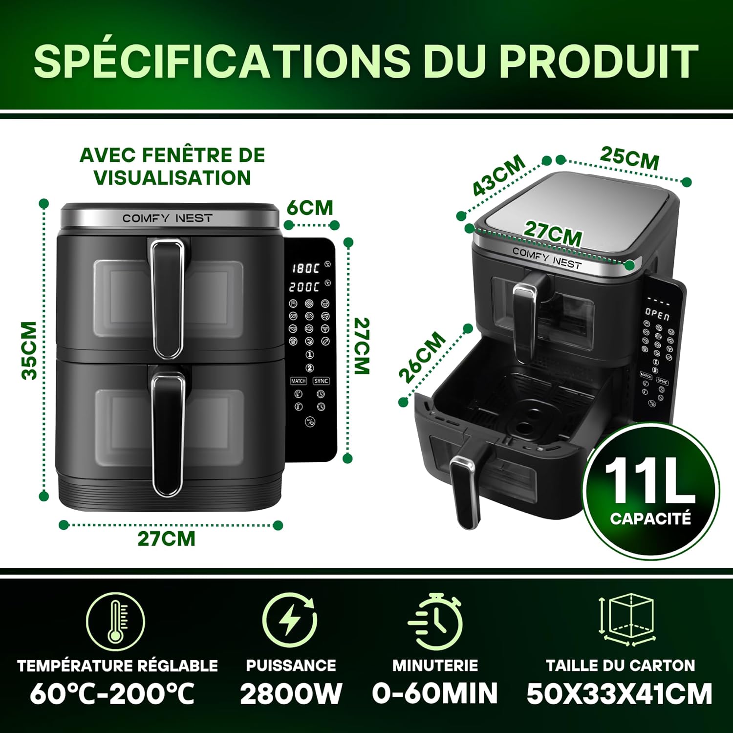 Friteuse à air chaud Air fryer double panier verticale avec fenêtre 11L 2800W