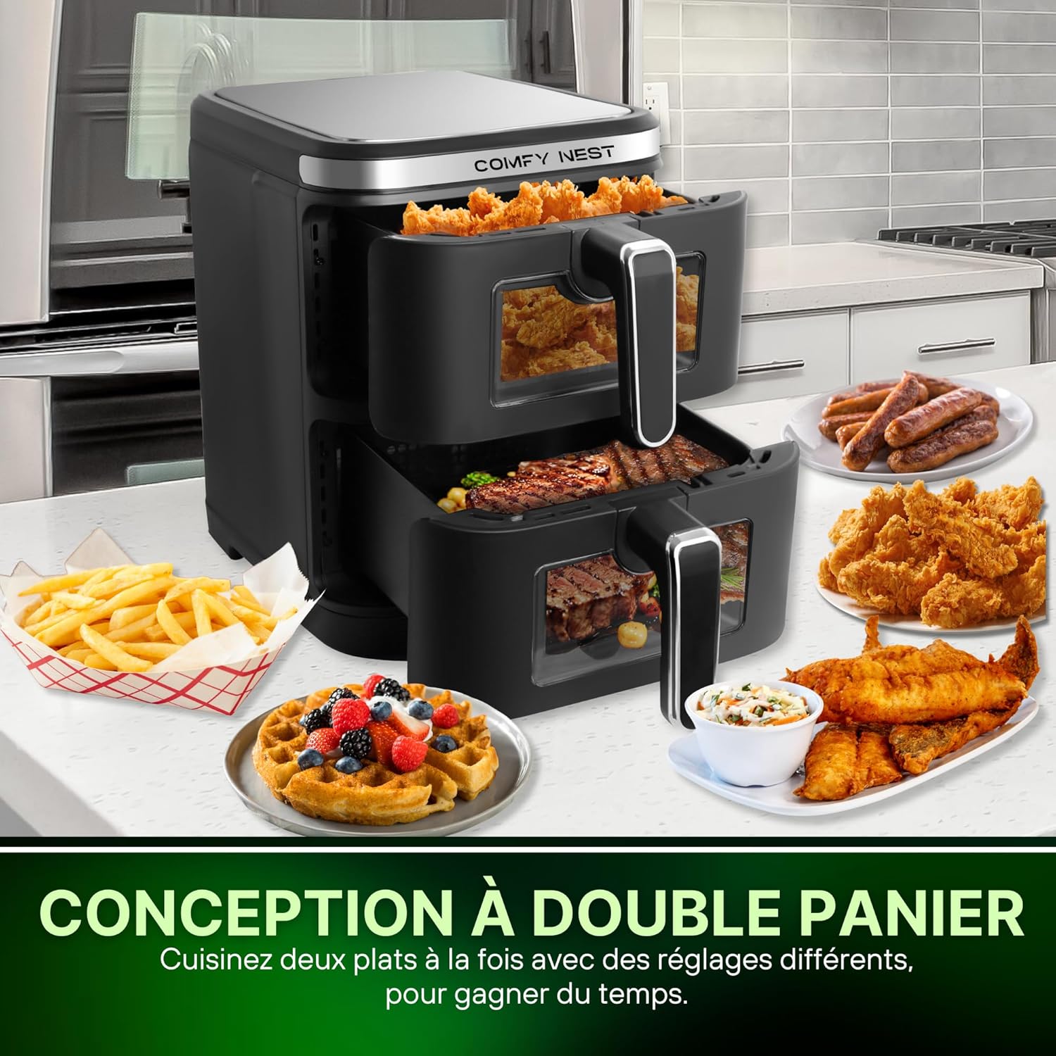 Friteuse à air chaud Air fryer double panier verticale avec fenêtre 11L 2800W