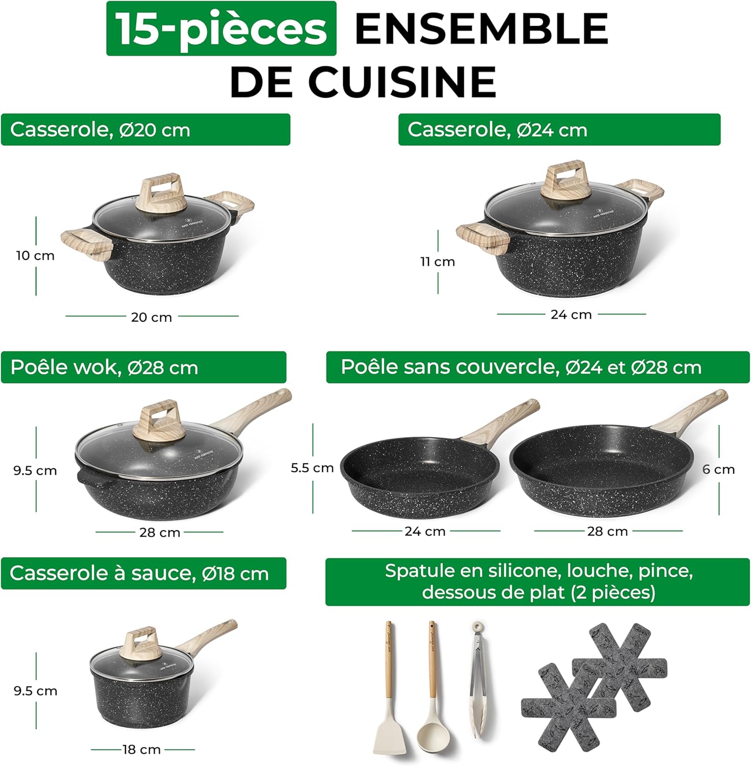 Batterie de cuisine 15 pièces antiadhésives en Granit Noir - Tous feux dont induction