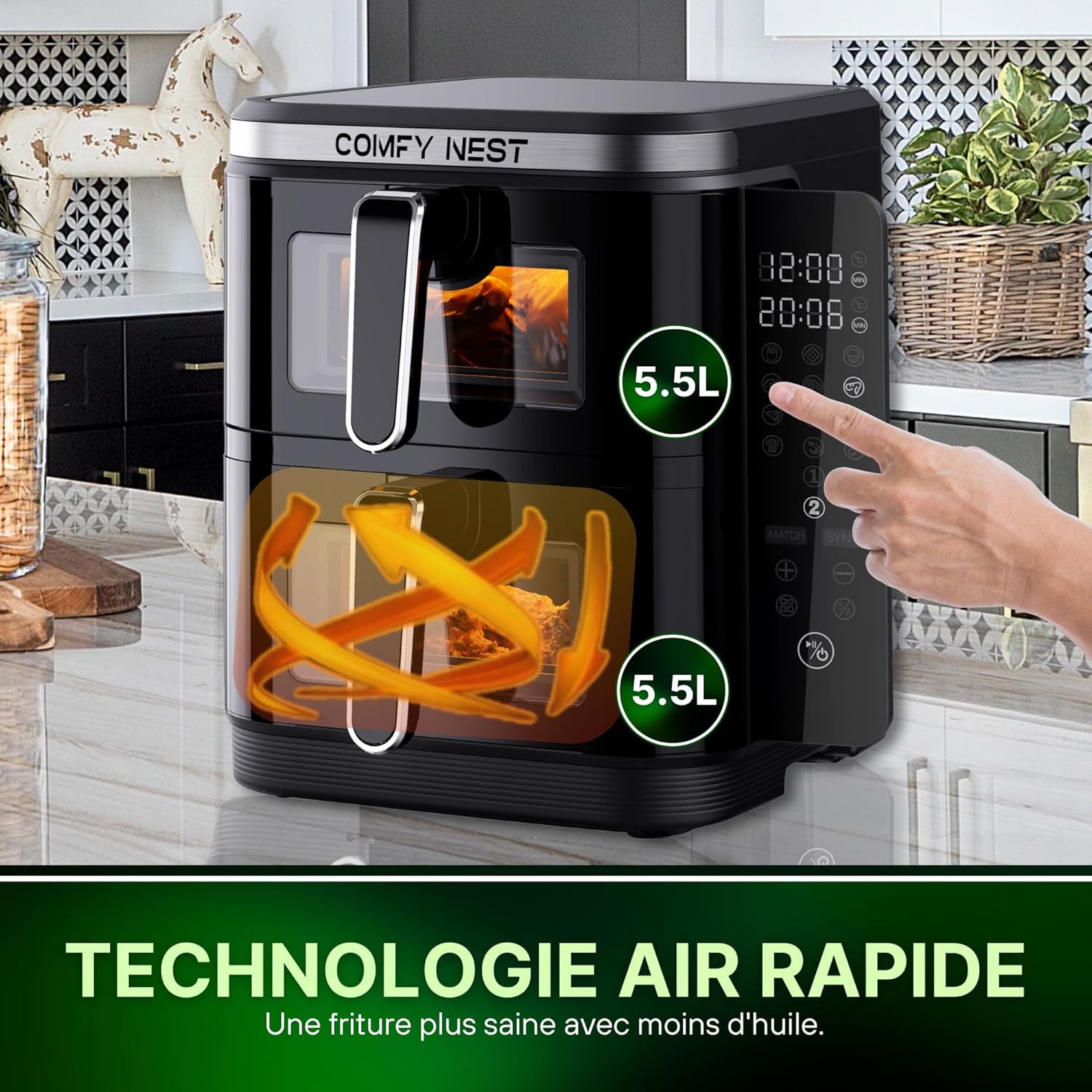 Friteuse à air chaud Air fryer double panier verticale avec fenêtre 11L 2800W