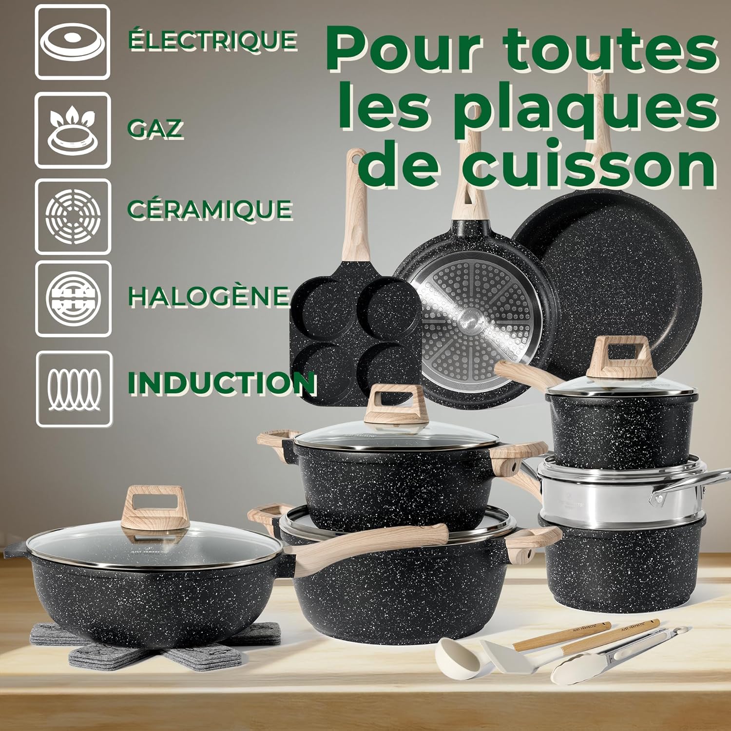 Batterie de cuisine 21 pièces antiadhésives en Granit Noir - Tous feux dont induction