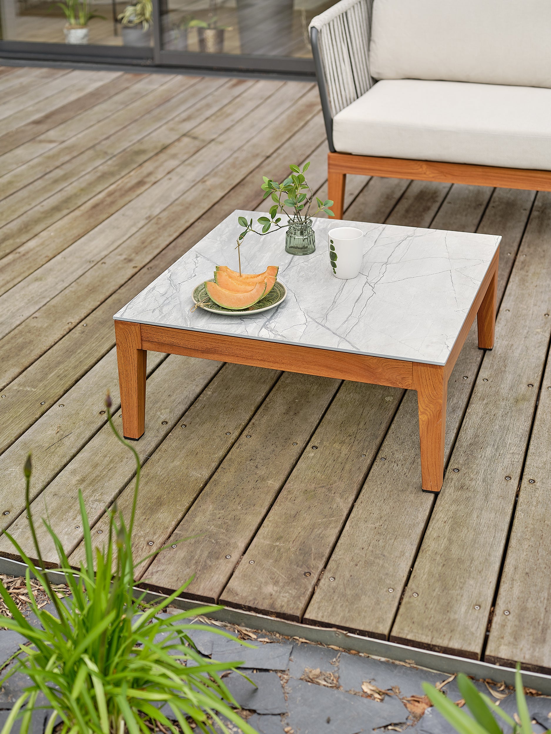 Salon bas de jardin Alphi en aluminium - Effet bois