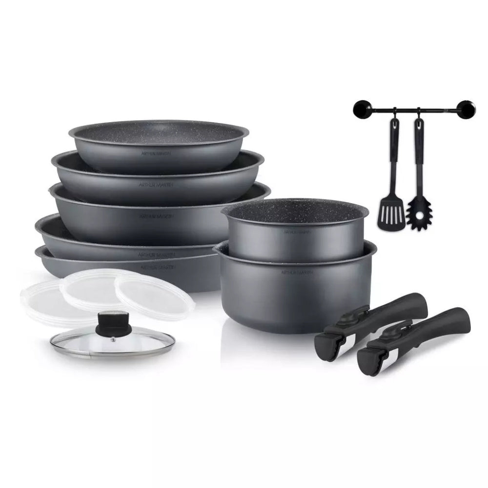 Batterie de Cuisine 15 Pièces Arthur Martin Poêles et Casseroles Gris Mat en Aluminium avec Accessoires