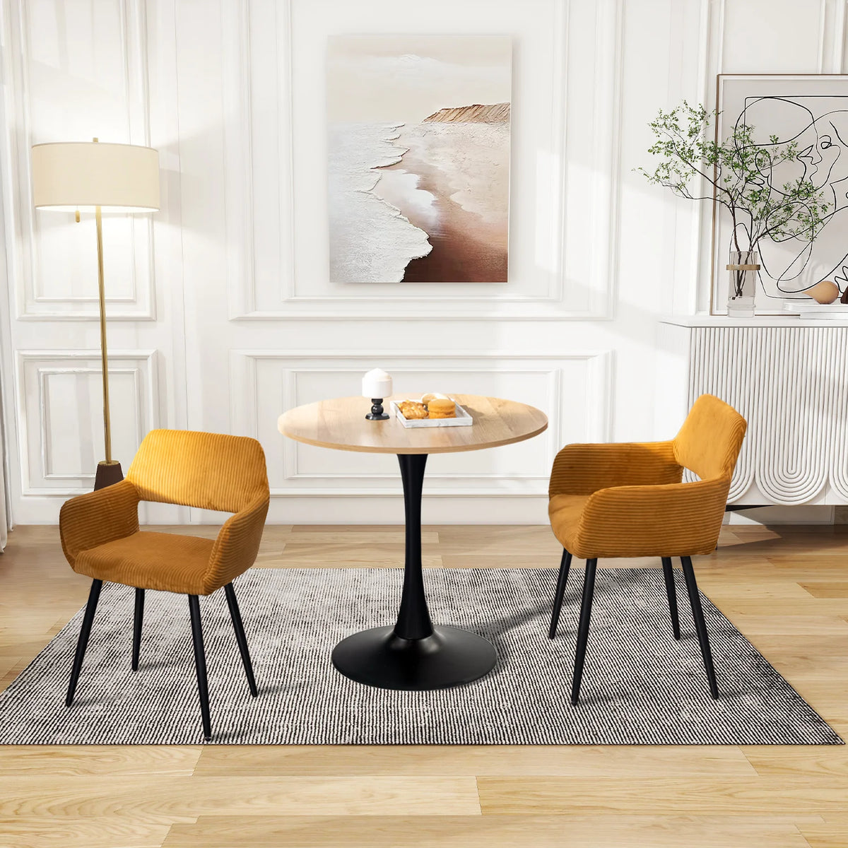 Ensemble de 2 fauteuils de salle à manger scandinaves avec accoudoirs en velours côtelé jaune Cromwell