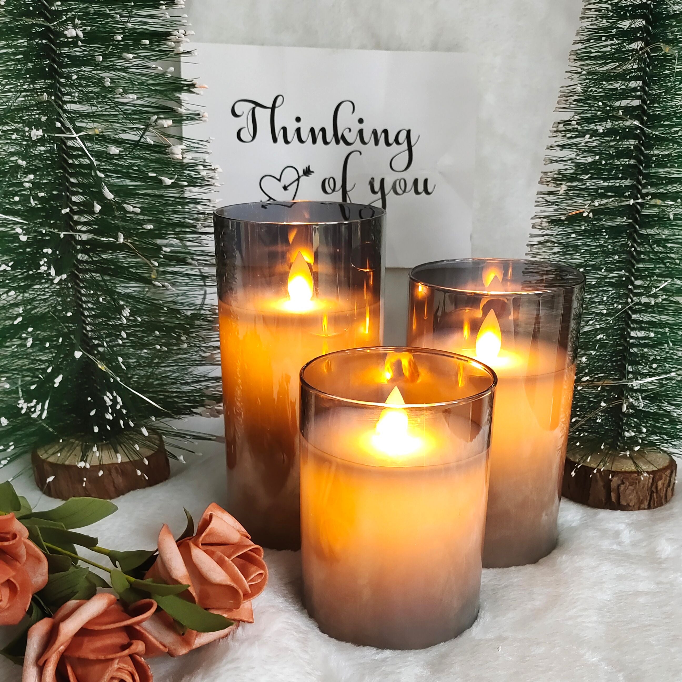 Lot de 3 Bougie LED en verre fumé - Argenté