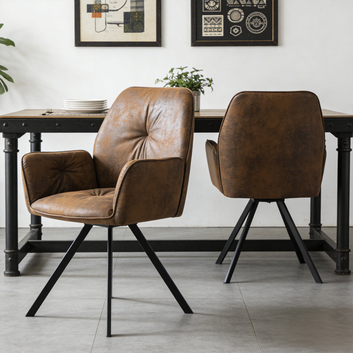 Ensemble de 2 chaises de salle à manger pivotantes 360° en suédine brune avec accoudoirs