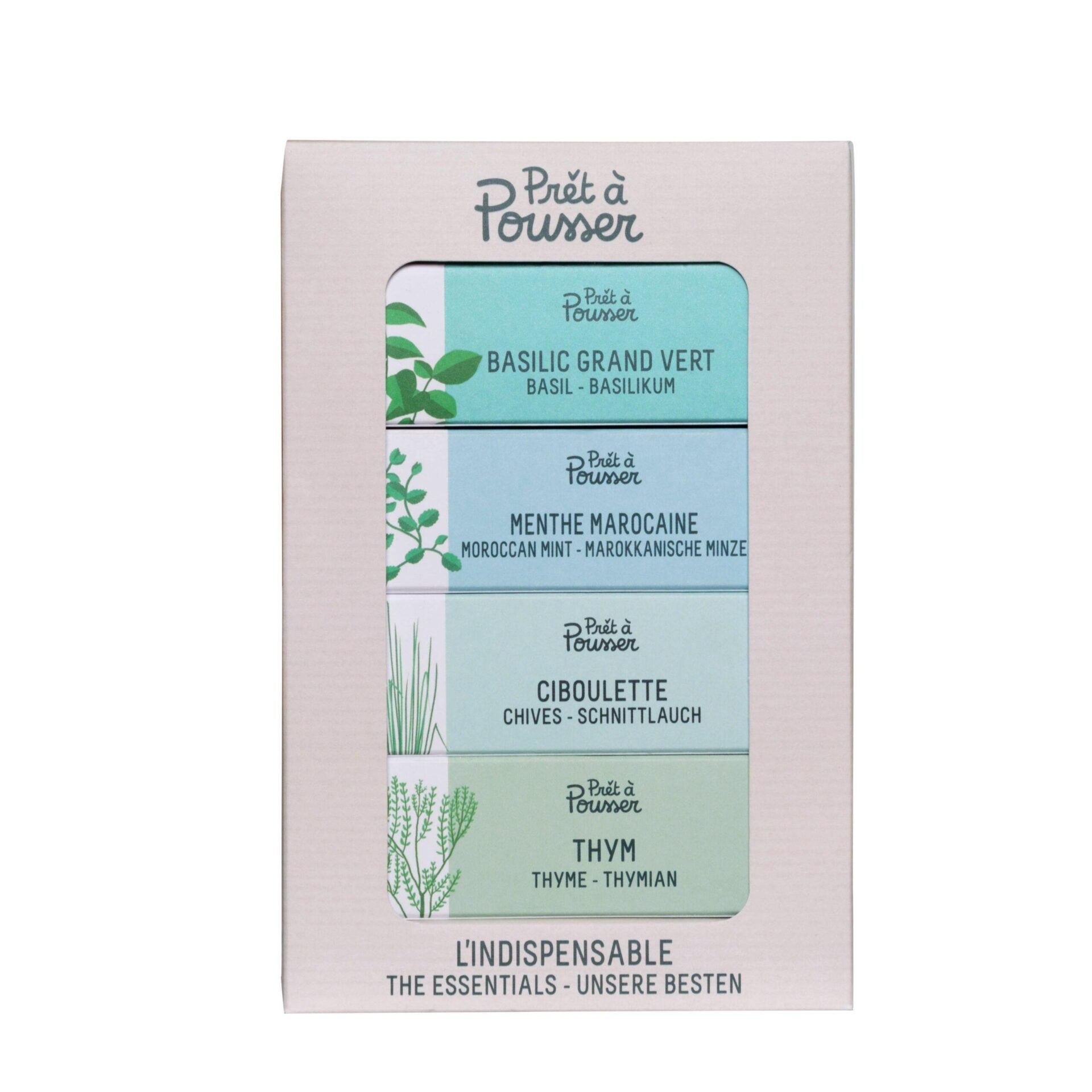 Coffret Les Indispensables (4 capsules: basilic grand vert, menthe marocaine, ciboulette, thym)