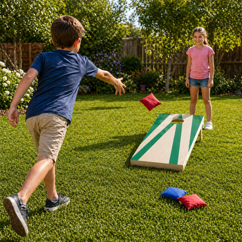 Jeu de Cornhole en Bois – Planche + 8 Sacs Colorés | Jeu d’Adresse Extérieur pour Jardin & Famille