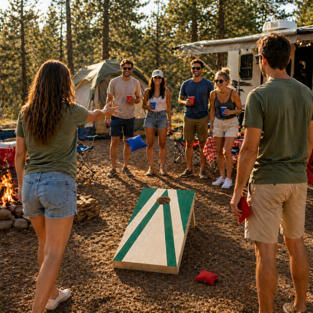 Jeu de Cornhole en Bois – Planche + 8 Sacs Colorés | Jeu d’Adresse Extérieur pour Jardin & Famille