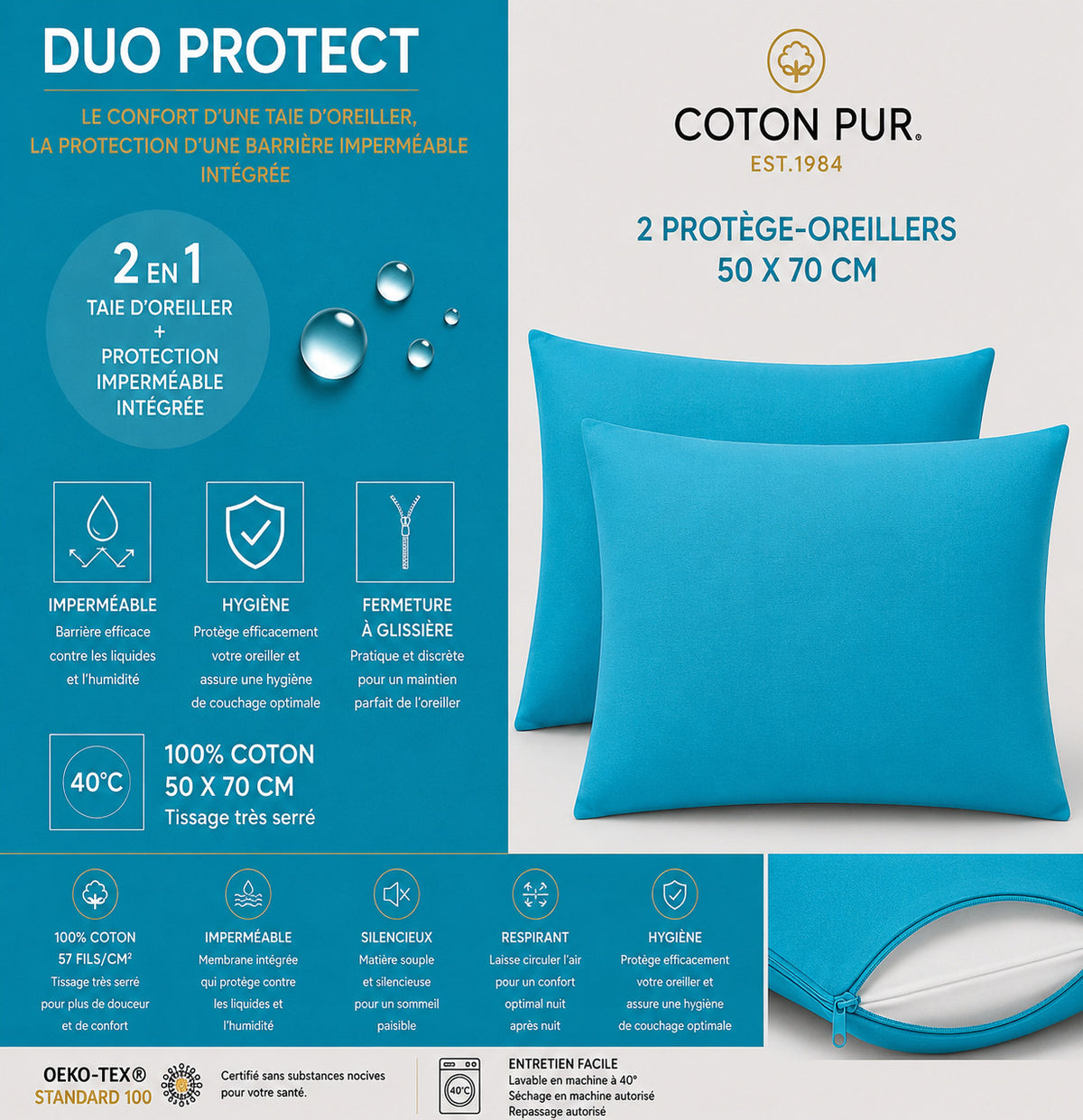 Lot de 2 Taies d'oreiller "Duo Protect" imperméable 100% Coton 57 fils/cm² 50 x 70 cm Cyan