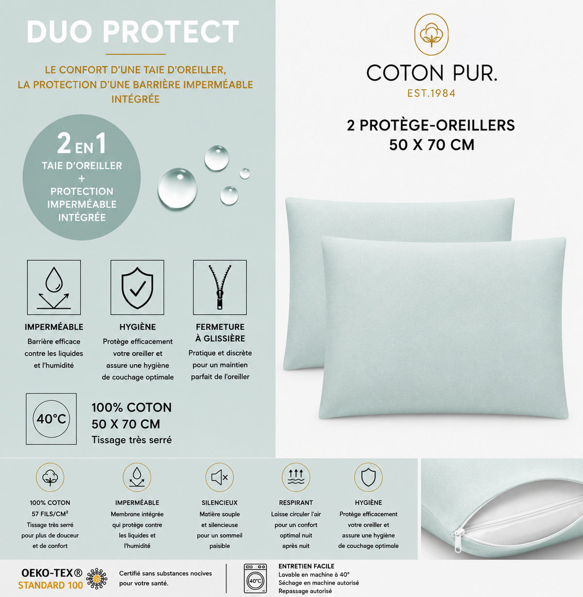 Lot de 2 Taies d'oreiller "Duo Protect" imperméable 100% Coton 57 fils/cm² 50 x 70 cm Menthe