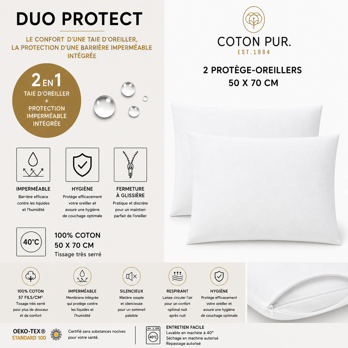 Lot de 2 Taies d'oreiller "Duo Protect" imperméable 100% Coton 57 fils/cm² 50 x 70 cm Neige