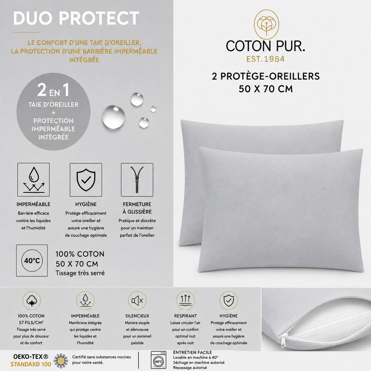 Lot de 2 Taies d'oreiller "Duo Protect" imperméable 100% Coton 57 fils/cm² 50 x 70 cm Nuage