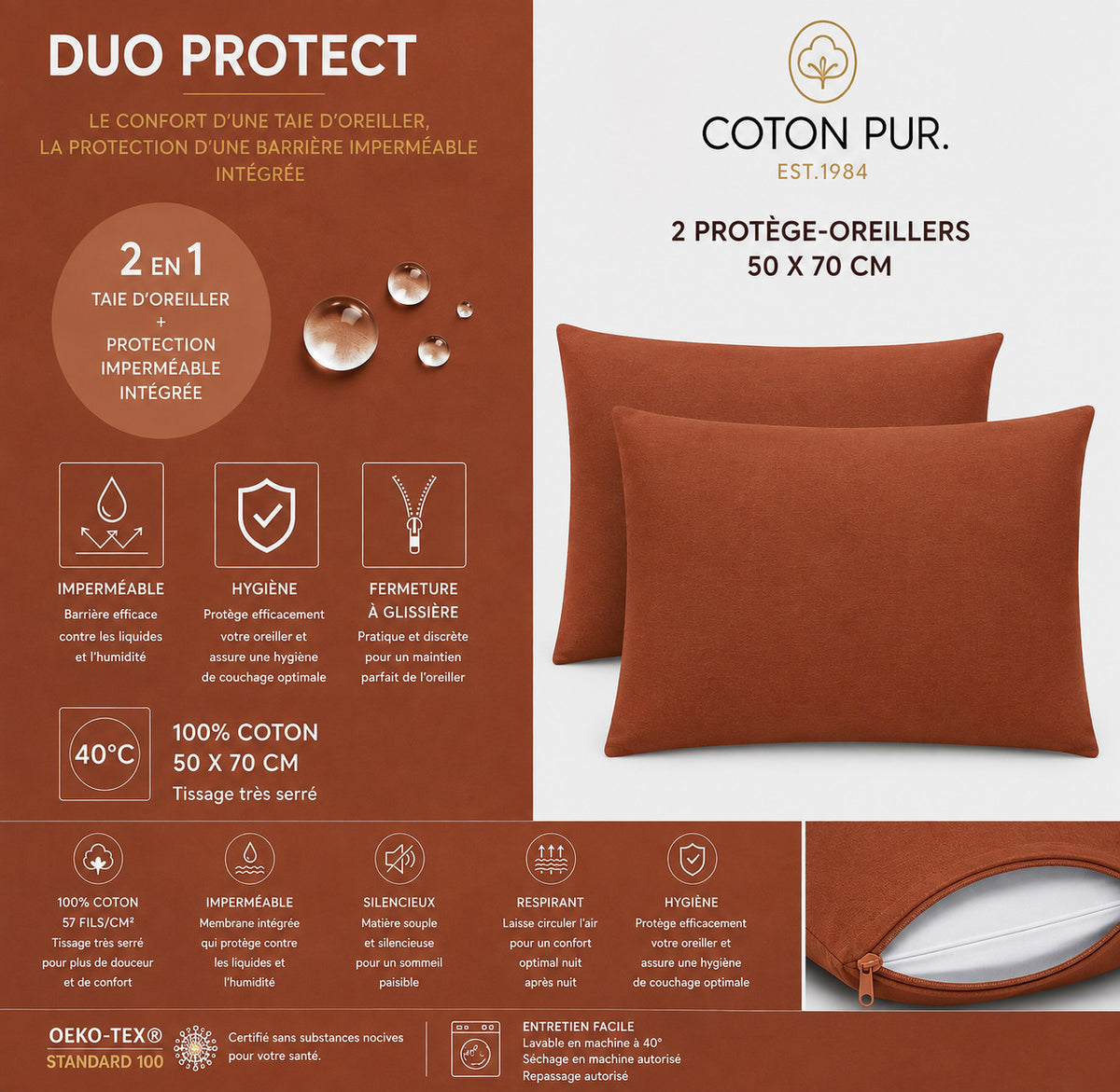 Lot de 2 Taies d'oreiller "Duo Protect" imperméable 100% Coton 57 fils/cm² 50 x 70 cm Paprika