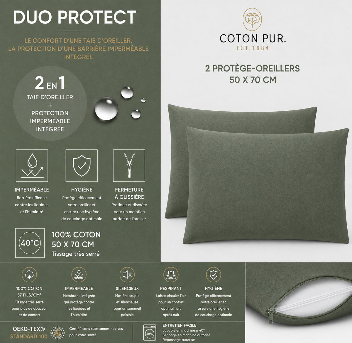 Lot de 2 Taies d'oreiller "Duo Protect" imperméable 100% Coton 57 fils/cm² 50 x 70 cm Romarin