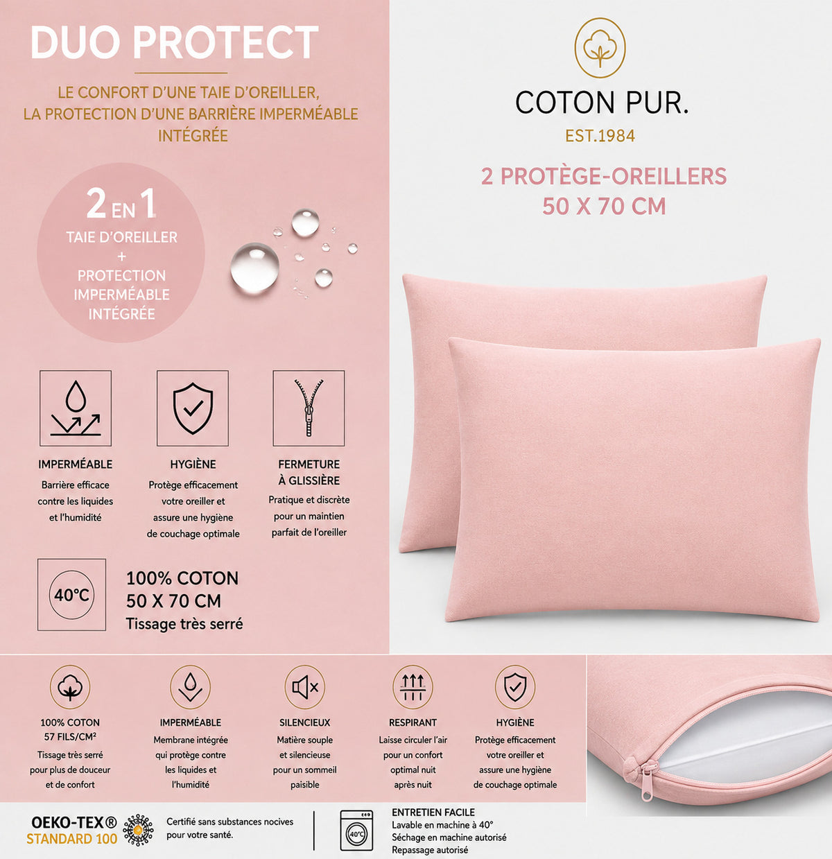 Lot de 2 Taies d'oreiller "Duo Protect" imperméable 100% Coton 57 fils/cm² 50 x 70 cm Rose Dragée